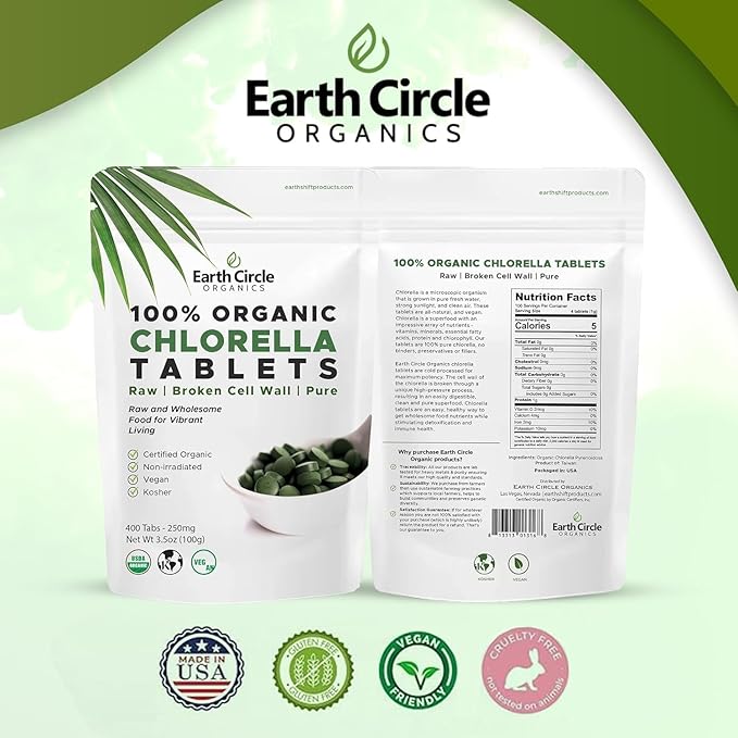 Organic Chlorella Tablets 400 Count | High Potency Superfood | Chlorophyll Pills from 100% Pure Green Algae | Broken Cell Wall for Maximum Absorption | Vegan, Kosher, Non-GMO | 4 Tabs per Day (1-Pack)