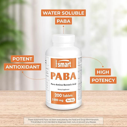 Supersmart - PABA Supplement 3000mg per Day (para-AminoBenzoic Acid) - Natural B Complex Vitamin - Water Soluble PABA | Non-GMO & Gluten Free - 200 Tablets