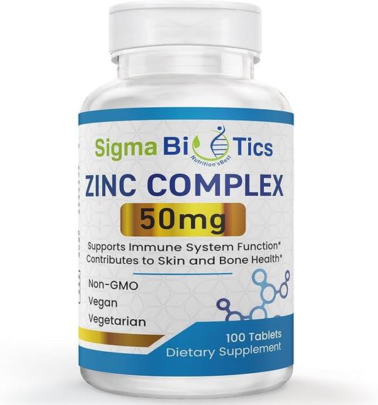 Sigma Biotics High-Potency Zinc 50mg Supplement - Supplements for Immune Support & Skin Health - Non-GMO Mineral Supplement with Zinc Oxide & Citrate - 60 Tablets