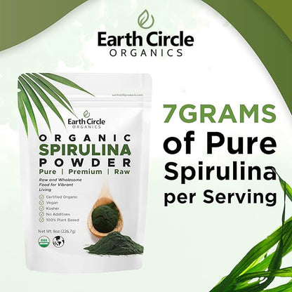 Earth Circle Organics Spirulina Powder, Kosher, Raw and Non-Irradiated | Pure Vegan Protein | Premium Energy Superfood, High in Amino Acids and Antioxidants - (8oz - 2Pack)