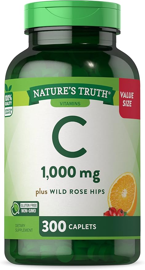 Nature's Truth Vitamin C 1000mg with Rose HIPS Caplets | 300 Count | Vegetarian, Non-GMO & Gluten Free Supplement