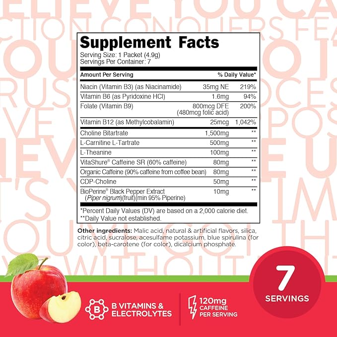 TransformHQ Boost Shot Powder Drink Stick Packets, Crisp Apple, 7 Pack, Energy Supplements for Women & Men, with Caffeine, Vitamin B12, B9, B6 & B3