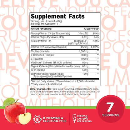 TransformHQ Boost Shot Powder Drink Stick Packets, Crisp Apple, 7 Pack, Energy Supplements for Women & Men, with Caffeine, Vitamin B12, B9, B6 & B3