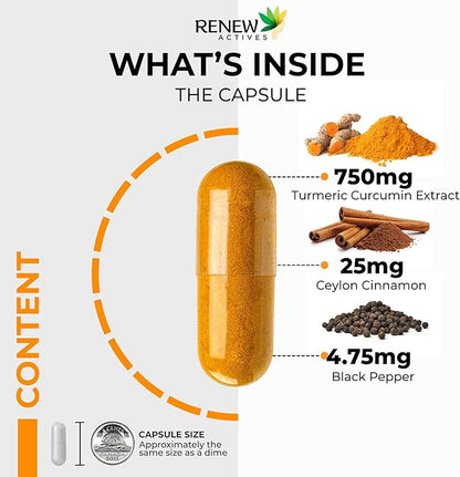 Renew Actives Organic Turmeric 474MG & Cinnamon 50MG per 2 Capsules – with Curcumin & BioPerine for Absorption – Supports Metabolism, Joint Health & Digestion – Made in Canada – 120 Capsules