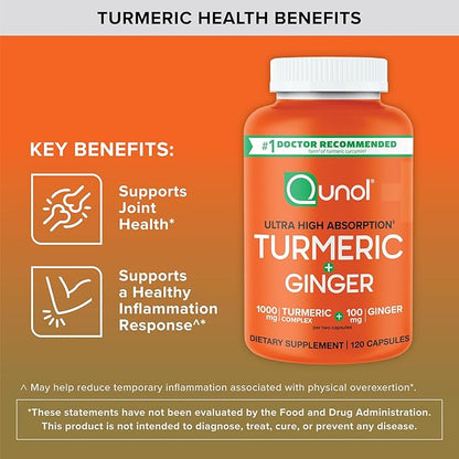 Qunol Turmeric and Ginger Capsules, 1000mg Turmeric Supplement, Ultra High Absorption to Support Joint Health, #1 Doctor Recommended Form of Turmeric Curcumin, 120 Count (Pack of 1)