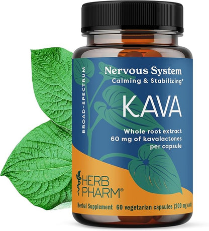 Herb Pharm Kava Root Extract to Reduce Stress and Promote Relaxation - 60 Vegetarian Capsules