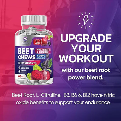 Beets Chews - Beet Root Gummies for Nitric Oxide Support, Superfood Beets Powder Soft Heart Chews, Grape Seed Extract & Non-GMO Beetroot Energy Supplement Supports Heart Health & Energy, 60 Soft Chews