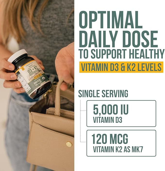Organic Plant D3 + K2 | 5000 iu D3 + 120 mcg K2 as All-Trans MK7 from MenaQ7® - 100% Whole Food, Raw & Vegan | Enhanced Digestion with Prebiotic & Superfood Complex – D3 from Organic Algae (60 Count)