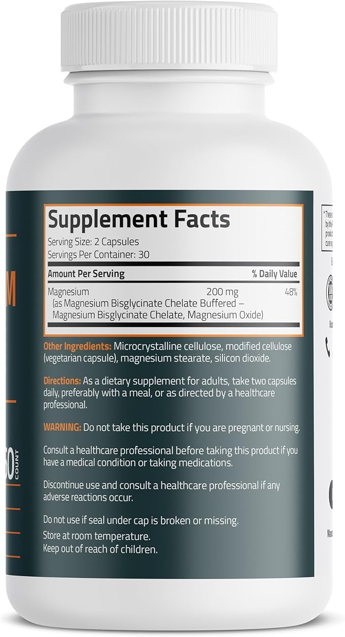 Bronson Magnesium Glycinate 200mg High Absorption Chelated Buffered Gentle On The Stomach Non-GMO, 60 Vegetarian Capsules