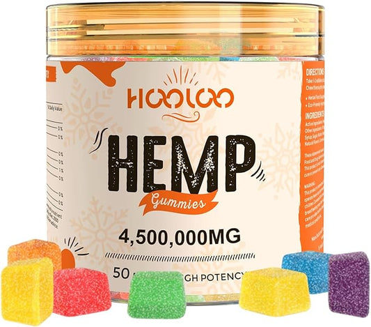 HOOLOO Hemp Gummies for Deep Bedtimes, Unwind, Focus - 6 Fruity Flavors Big Cubes Gummy Infused Vitamins Omega 3 - Extra Stength 4,500,000mg for Adults - Made in USA