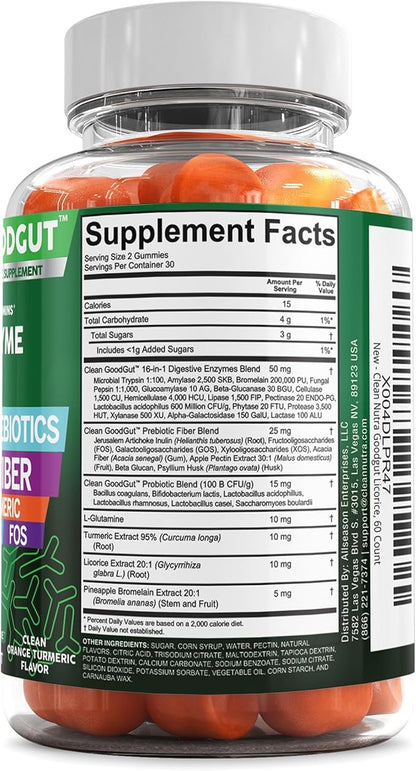 Digestive Enzymes with Probiotics and Prebiotics For Digestive Health Gummies + L-Glutamine For Gut Health Bromelain Turmeric Licorice Fiber Apple Pectin Inulin FOS Plant Pased Vegan Gummy Vitamins