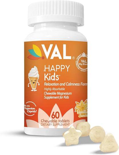 VAL Magnesium for Kids | High-Absorption Magnesium for Calm, Relaxation & Focus | Magnesium Glycinate, Citrate & Taurate | with Vitamin B6, D & C | Sugar-Free, Non-GMO | Vanilla | 60 Chewable Tablets
