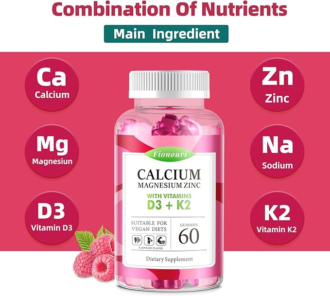 Calcium Magnesium Zinc Gummies with Vitamin D3 & K2 - High Potency Enhanced Absorption -60 Raspberry Gummies Flavored