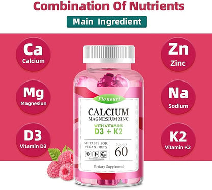 Calcium Magnesium Zinc Gummies with Vitamin D3 & K2 - High Potency Enhanced Absorption -60 Raspberry Gummies Flavored