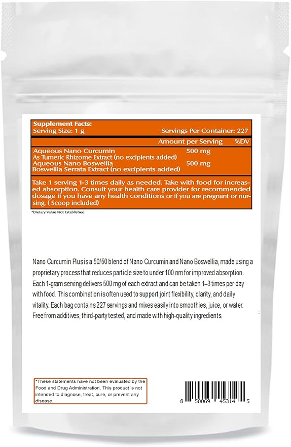 Nano Curcumin Plus Powder 8 oz (227 Servings), Nano Curcumin with Boswellia for Superior Absorption, Supports Joint & Immune Health, Non-GMO, Vegan, Gluten-Free