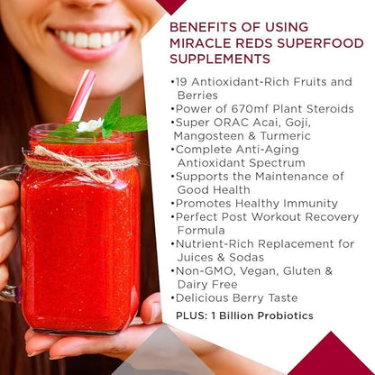 MacroLife Naturals Miracle Reds Superfood Supplement Powder Antioxidants Polyphenols Enzymes Probiotics - Raw Non-GMO Organic Vegan Gluten & Dairy Free (12 Packet)
