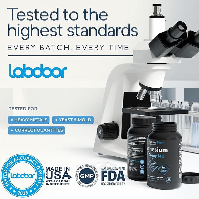 Natural Flow 4X Magnesium Supplement, Magnesium Glycinate, Taurate, Malate, Orotate Complex, Calm Sleep and Cramp Support Blend, No Mag Citrate or Oxide, 120 Capsules