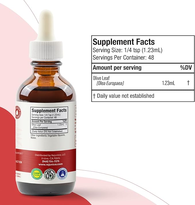 Rejuvica Active Olive Leaf Extract | Naturally Occurring Oleuropein Liquid Drops for Immune & Heart Support | Fast-Absorption, Vegan, Alcohol-Free | 6 fl oz