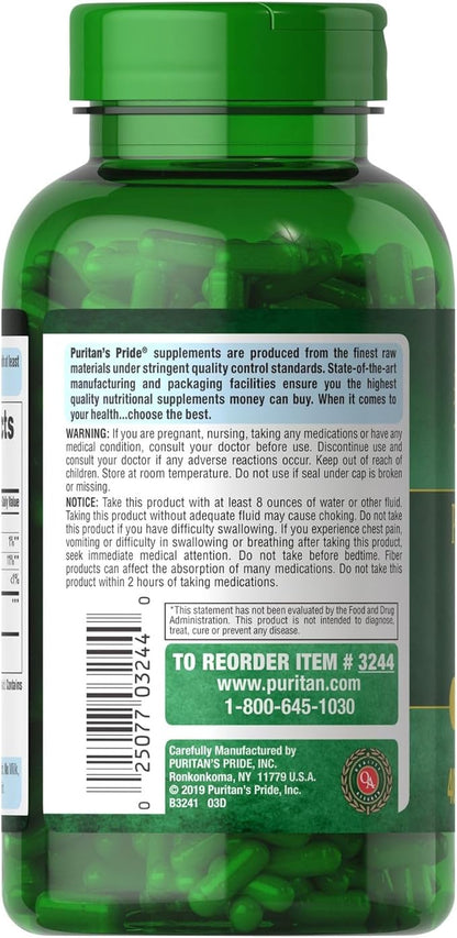 Puritan's Pride Herbal Ease® Psyllium Husks 500mg, Dietary Supplement for Digestive, Colon, and Heart Health Support, Daily Fiber Capsules, 2 Month Supply, 400 Rapid Release Capsules