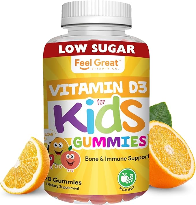 Feel Great Kids Vitamin D3 1000 IU Gummies | Kids Vitamin D Gummies for Healthy Bones, Mood, & Immune Support | Citrus Flavored Vegetarian D3 Gummies | 90 Day Supply
