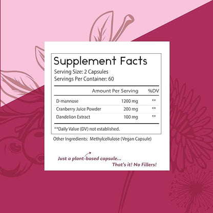 Thomas' all-natural Remedies D-mannose 1200mg - with Cranberry and Dandelion - Natural Urinary Tract and UTI Health Support - Best dmannose Capsules - NO fillers, All-Natural, Vegan - 120 Capsules