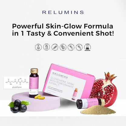 Relumins Glutathione Drink & Vitamin C Bundle – Brightening & Firming Pomegranate Gluta Shots (50mL x 10 Bottles) + Advanced Vitamin C with Rose HIPS & Bioflavonoids (180 Veg Caps)