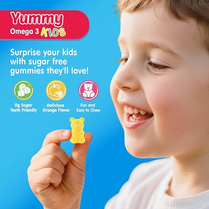 Kids Omega 3 Gummies with Calcium, Vitamin D3 & K2, C, Omega-3 DHA Gummies for Focus and Memory, Bone Health & Immune Support, Kids Omega3 Supplement - No Fish Taste, Non-GMO, Chewable, 2 Pack