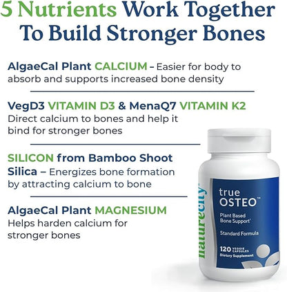 NatureCity True-Osteo Plant-Based Supplement for Bone Strength | AlgaeCal Calcium & Magnesium, Plant-Based Vitamin D3, Vitamin K2, Silicon| Gentle on Stomach (120 Veggie Capsules)