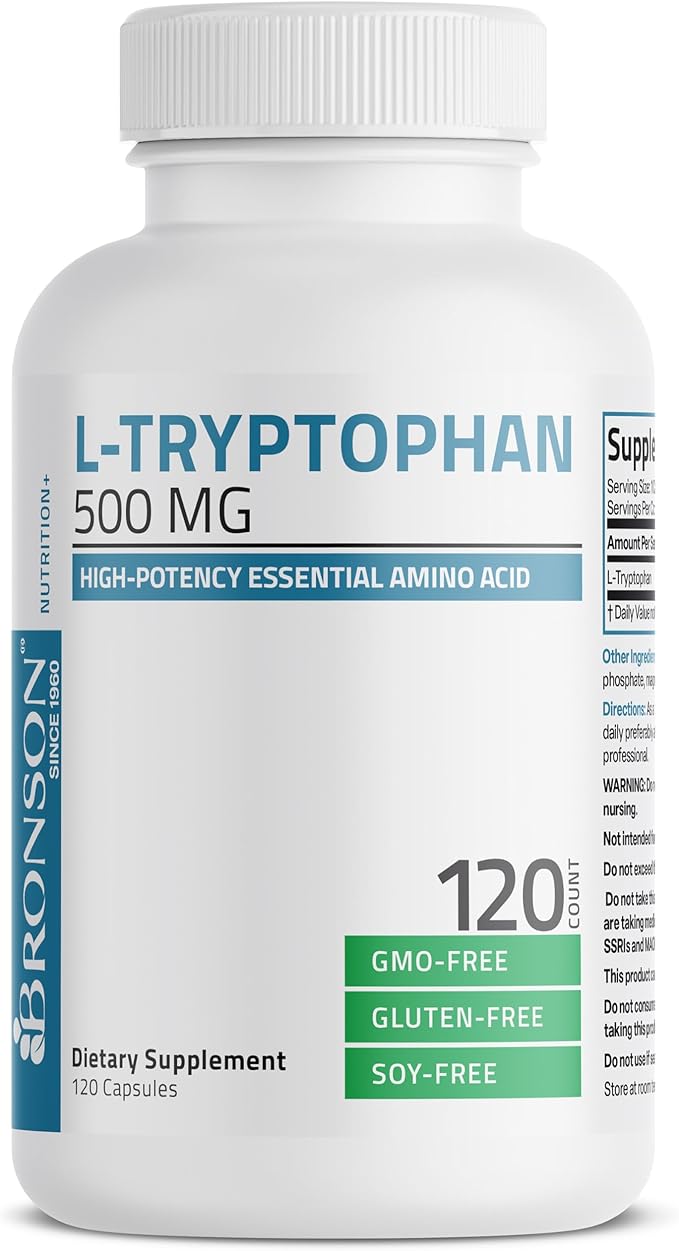 Bronson L-Tryptophan 500 MG High Potency Essential Amino Acid Supports Relaxation & Positive Mood Support Non-GMO, 120 Capsules