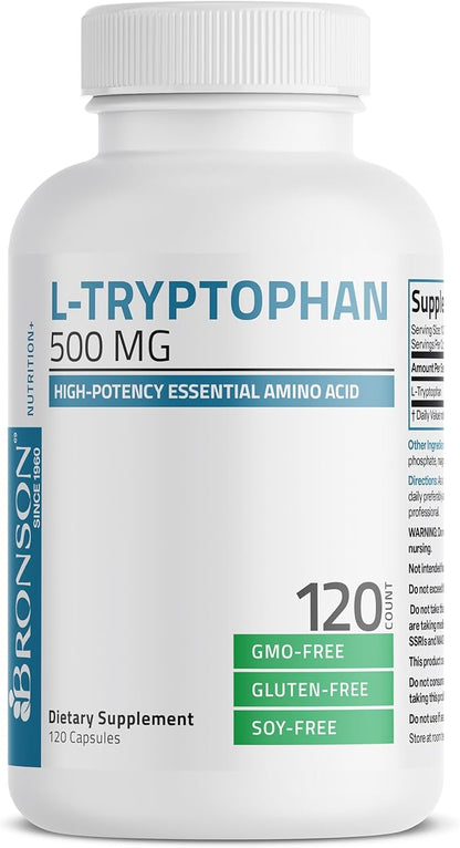 Bronson L-Tryptophan 500 MG High Potency Essential Amino Acid Supports Relaxation & Positive Mood Support Non-GMO, 120 Capsules