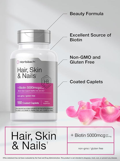 Horbäach Hair Skin and Nails Vitamins | 150 Caplets | with Biotin and Collagen | Supplement for Women and Men | Non-GMO, Gluten Free