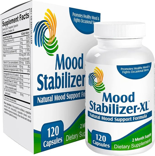 MOOD STABILIZER-XL | 2-Month Supply | Mood Support Blend Supplement | 13 Natural Ingredients | 5-HTP | Ashwagandha | GABA | St. John's Wort Extract | Healthy Mood Supplements & Vitamins | 120 Capsules