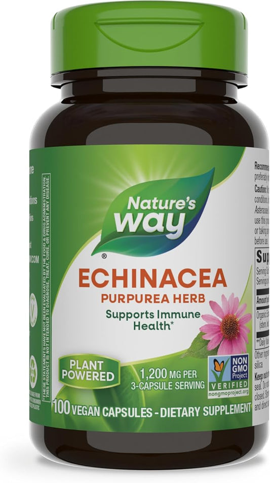 Nature's Way Echinacea Purpurea Herb, Supports Immune Health*, 1200 mg per 3-Capsule Serving, Non-GMO Project Verified, Vegan, 100 Capsules (Packaging May Vary)