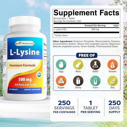 Best Naturals L-Lysine 500 mg 250 Tablets (250 Count (Pack of 2))