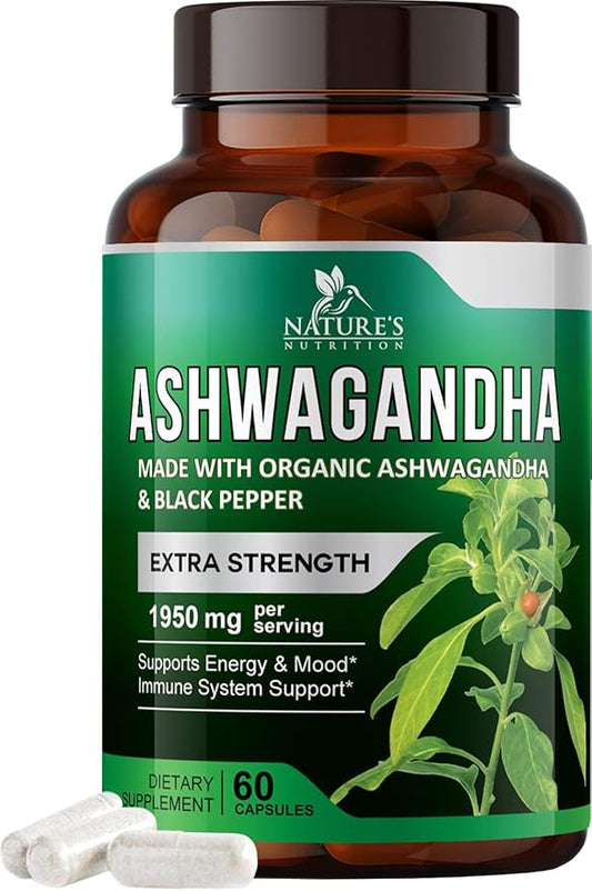Organic Ashwagandha 1,950 mg - Extra Strength Unwind, Calm & Relax Support with BioPerine - Natural Focus & Energy Support Supplement - Nature's Non-GMO, Vegan, Gluten Free - 60 Capsules