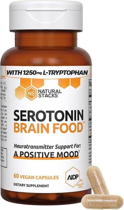 Serotonin Brain Food - 1250mg L-Tryptophan & 400mg Rhodiola Rosea Supplement - Mood Support Supplement for Stress Relief - Neurotransmitter Support with Magnesium Glycinate & Zinc - 60 Capsules