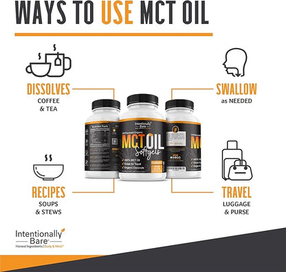 Intentionally Bare Organic MCT Oil Capsules - 70% C8 MCT Oil & 30% C10 MCT Capsules Unflavored for Keto Low Carb and Paleo Diet - Coconut C8 & C10 for Energy Mood & Focus - Non-GMO 300 Soft Gels