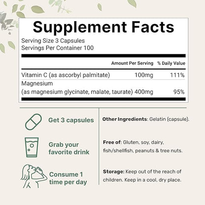 Pure Triple Magnesium Complex, 300 Capsules | 400mg of Magnesium Glycinate, Malate, Taurate with Vitamin C | Only Uses Active Ingredients | Filler Free Supplement | 100% Chelated