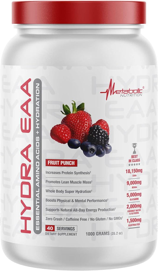 Metabolic Nutrition Hydra EAA, 1000g of Essential Amino Acids + Hydration, EAAs, BCAAs, Glutamine, Electorlytes, Coconut Water & Glycerol, Amazing Flavors (Fruit Punch, 1000g)
