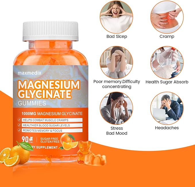 Magnesium Gummies 1000mg -Magnesium Glycinate Supplement and Magnesium L-Threonate Gummy,Sugar Free Magnesium Potassium Supplement for Calm Mood, Muscle, Bone & Sleep Support 90 Orange Gummies
