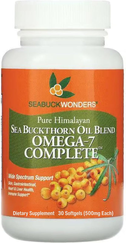 Organic Sea Buckthorn Oil, Omega-7 Complete Softgels, 30 Count, with Omega 3, 6 & 9, Supports Hair, Skin & Nail Health, 1000mg per Serving