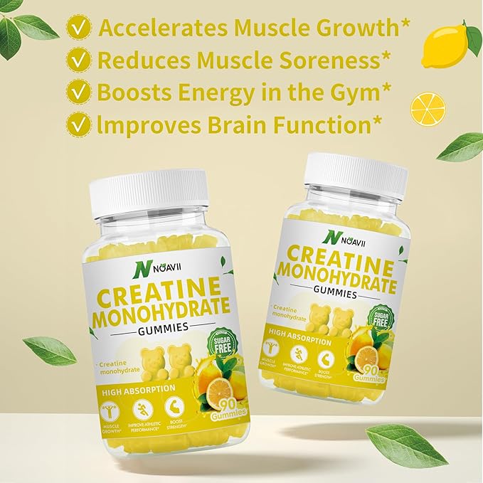 Creatine Monohydrate Gummies 5000mg for Men & Women, Chewables Creatine Monohydrate for Muscle Strength, Muscle Builder, Energy Boost, Pre-Workout Supplement-90 Lemon Gummies