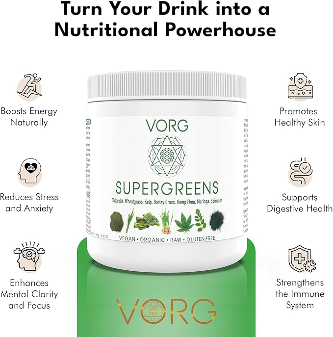 VORG SuperGreens – Organic Green Superfood Powder | Chlorella, Barley Grass, Moringa, Spirulina, Wheatgrass | Probiotics, Digestive Enzymes & Fiber for Energy, Detox & Gut Health (5.92)