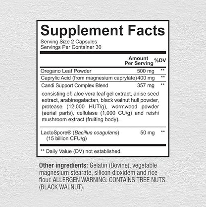 Premium Candida Cleanse Supplement – Candida Support Supplement with Oregano, Caprylic Acid, Black Walnut & Probiotics – Supports Gut Health, Digestion & Intestinal Flora - 60 Candi Support Capsules