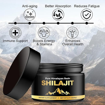 Pure Himalayan Shilajit for Men & Women, Fulvic Acid & 85+ Trace Minerals Supplement for Immune Boost & Energy Support, 800mg High Potency Gold Organic Shilajit Resin（60g）
