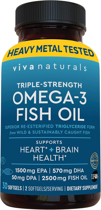 Viva Naturals Omega 3 Fish Oil Supplement for Women and Men - 2500 mg Triple Strength Fish Oil Pills with Re-Esterified Omega 3 Fatty Acids Including EPA, DHA DPA - 30 Pescatarian-Friendly Softgels