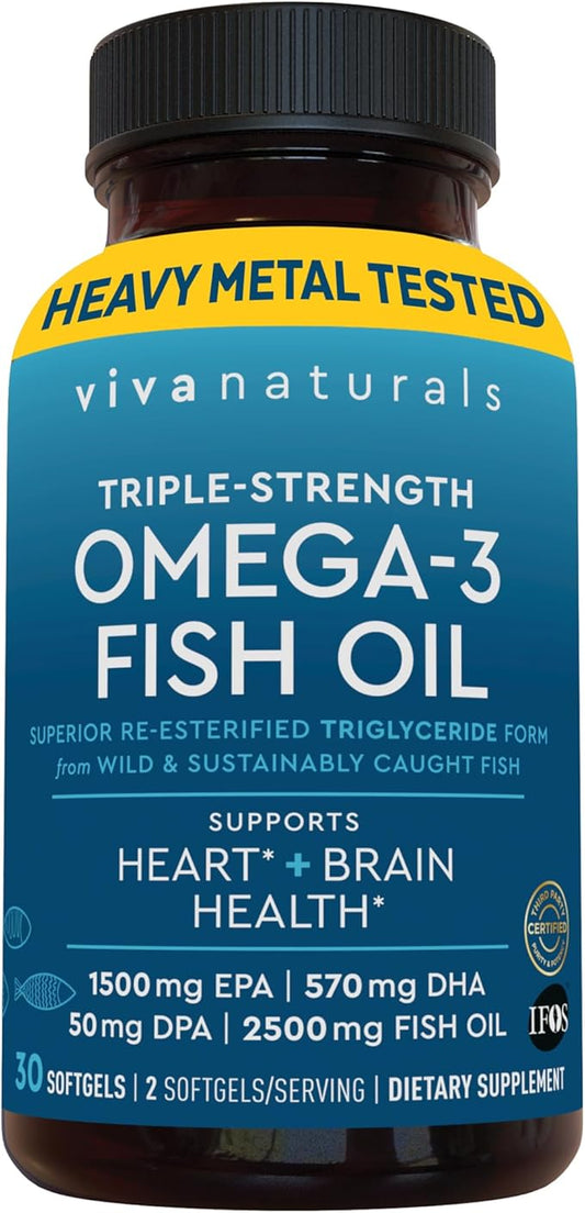 Viva Naturals Omega 3 Fish Oil Supplement for Women and Men - 2500 mg Triple Strength Fish Oil Pills with Re-Esterified Omega 3 Fatty Acids Including EPA, DHA DPA - 30 Pescatarian-Friendly Softgels