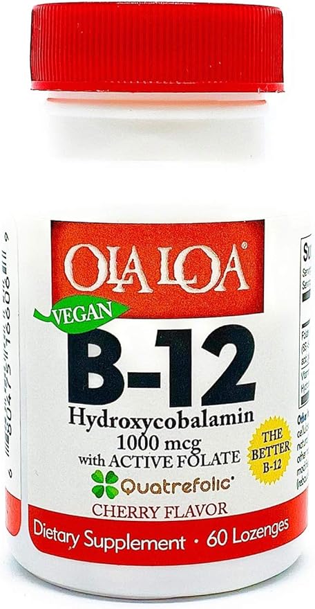 Ola Loa Vitamin B12 Sublingual Cherry Dietary Supplement - HydroxyCobalamin, Active Folate, Vegan Formula - Promote Your Body's Energy, Nerve, and Brain Support - 60 Tablets
