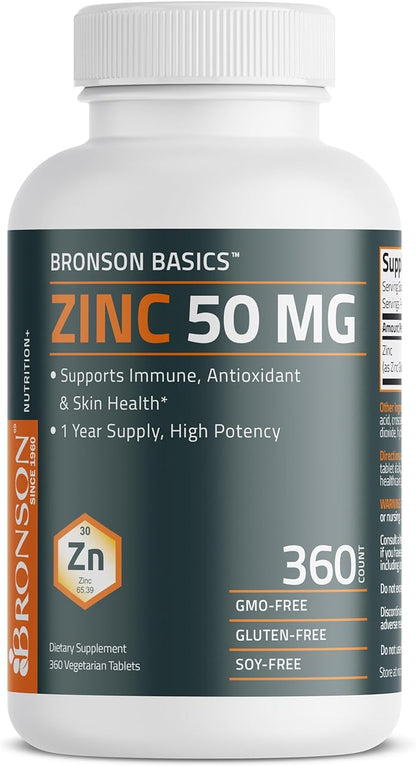 Bronson Zinc 50 MG High Potency One Year Supply Supports Immune, Antioxidant & Skin Health - Non-GMO, 360 Vegetarian Tablets