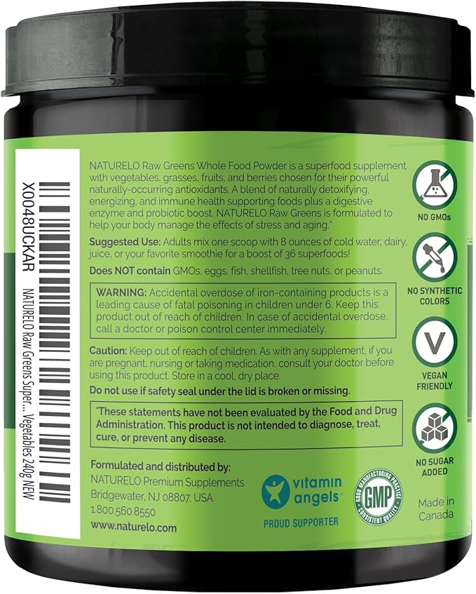 NATURELO Raw Greens Superfood Powder - Unsweetened - Boost Energy, Detox, Enhance Health - Organic Spirulina - Wheat Grass - Whole Food Nutrition from Fruits & Vegetables - 240 Grams